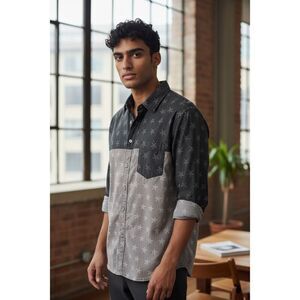 Ditch Plains Roll Tab Long Sleeve Button Front Black Printed Western Shirt M